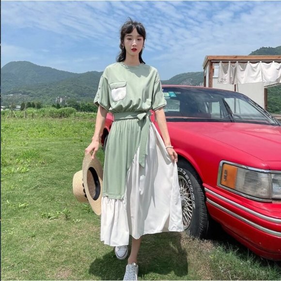 Maje Kara Dresses & Skirts - Maje Kara asymmetrical tshirt dress midi Womens 2 green cream